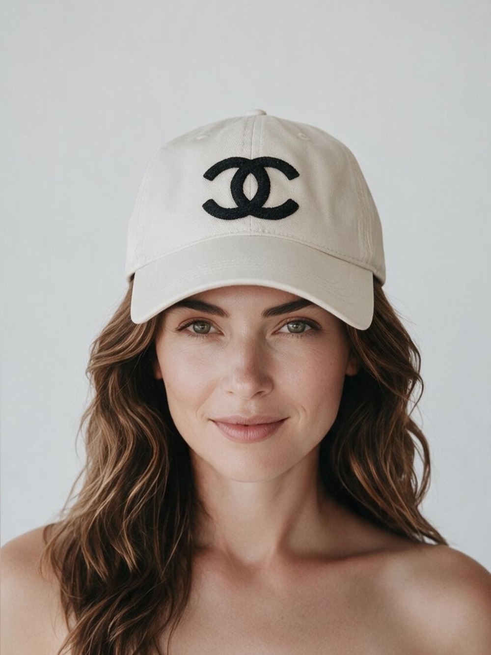 Inspired white baseball cap with black rhinestone logo